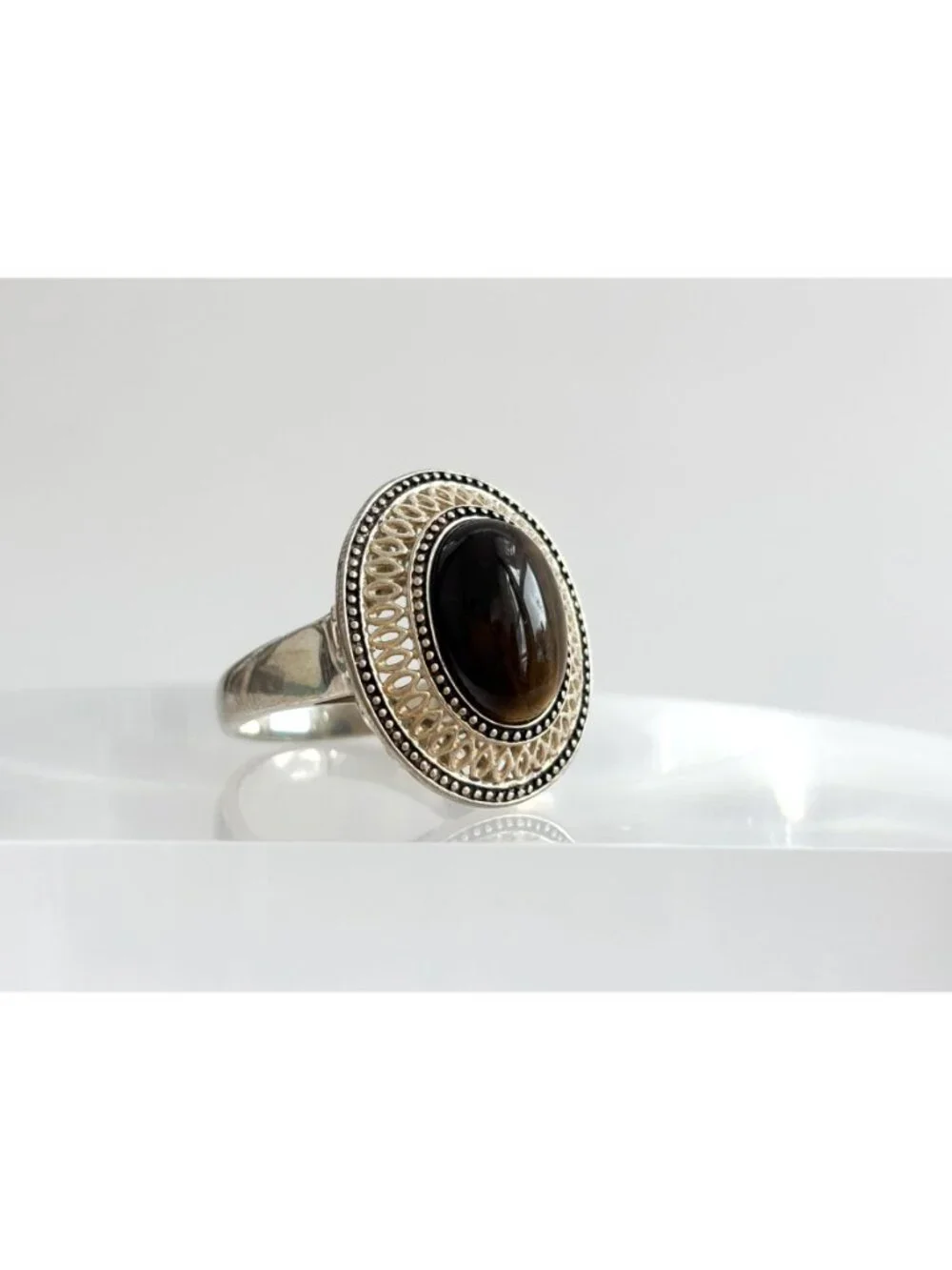 Genuine Tiger's Eye Gemstone Filigree Sterling Silver 925 Vintage Ring - sz 8